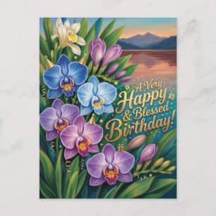 Glücklicher und gesegneter Geburtstag Orchideen-G Postkarte