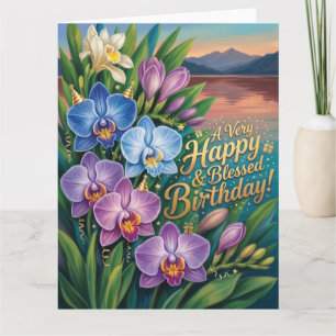 Glücklicher und gesegneter Geburtstag Orchideen-Gr Karte