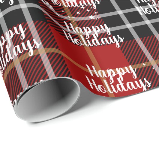 Glücklicher Urlaubstext in Schneeflocken auf Karie Geschenkpapier (Rolleneckpunkt)