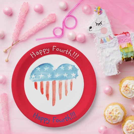 GLÜCKLICHER VIERTER ROTER (HERZFLAG) PAPIERTELLER (Party)