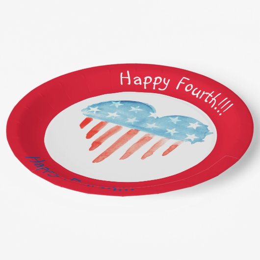 GLÜCKLICHER VIERTER ROTER (HERZFLAG) PAPIERTELLER (Schrägansicht)