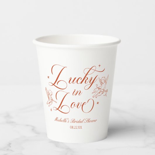 Glücklicher Vintage-Cupid-Hochzeitsdusche Pappbecher (Vorderseite)