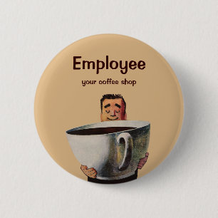 Glücklicher Vintage-Mann trinkt riesige Tasse Kaff Button