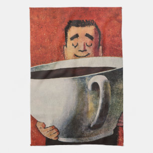 Glücklicher Vintage-Mann trinkt riesige Tasse Kaff Geschirrtuch