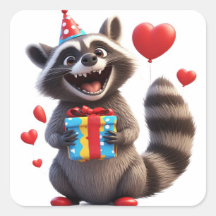🎁 Glücklicher Waschbär mit Luftballons und Gesche Quadratischer Aufkleber