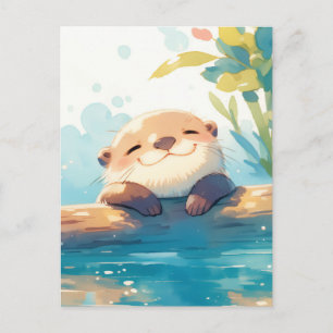 Glücklicher Wasserfarben-Otter ruht auf Baumstamm Postkarte