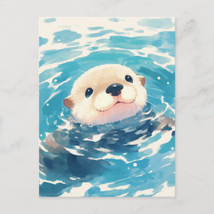 Glücklicher Wasserfarben-Otter schwimmt Postkarte