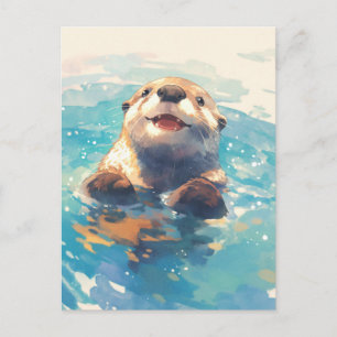 Glücklicher Wasserfarben-Otter schwimmt Postkarte