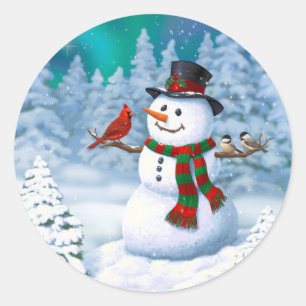 Glücklicher Weihnachts-Schneemann und Vögel Winter Runder Aufkleber