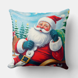 Glücklicher Weihnachtsmann, der sich in einem fest Kissen