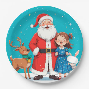 Glücklicher Weihnachtsmann mit Schneemädchen Pappteller