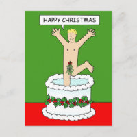 Glücklicher Weihnachtsmann springt aus einem Kuche