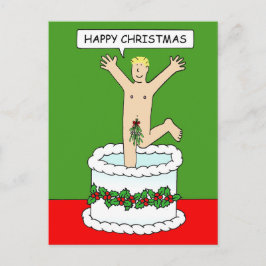 Glücklicher Weihnachtsmann springt aus einem Kuche Postkarte