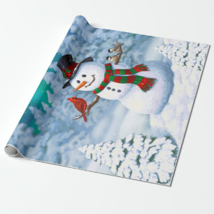 Glücklicher Weihnachtsmann & Vögel Winterlandschaf Geschenkpapier
