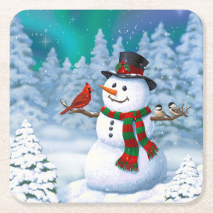 Glücklicher Weihnachtsmann & Vögel Winterlandschaf Rechteckiger Pappuntersetzer