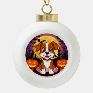Glücklicher Welpe in einem Halloween-Szenario mit  Keramik Kugel-Ornament