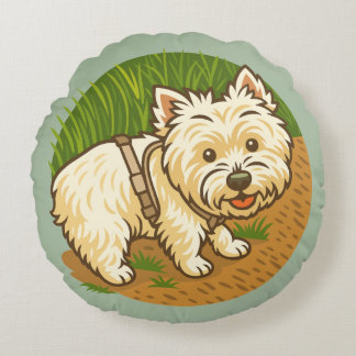 Glücklicher Westie auf dem Naturpfad Rundes Kissen