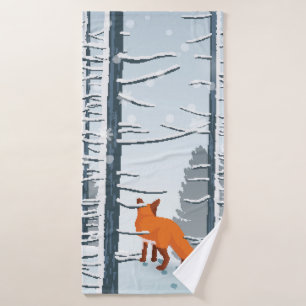 Glücklicher Winter mit Waldlandschaft und Fuchs Badehandtuch