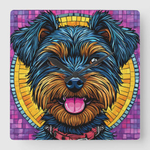Glücklicher Yorkshire Terrier Hund im Mosaikstil Quadratische Wanduhr