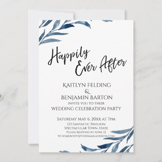 glücklicherweise immer nach blauen Blätter Empfang Einladung (Vorderseite)