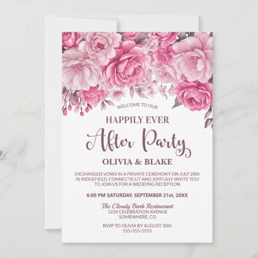 Glücklicherweise immer nach dem Party rosa Blumenk Einladung (Vorderseite)