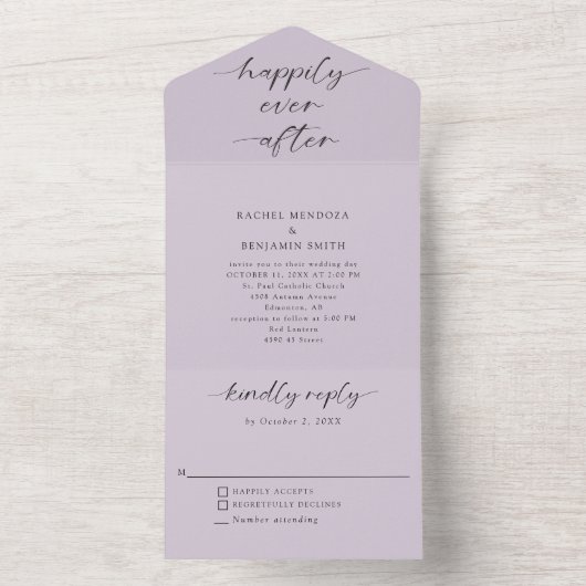 Glücklicherweise immer nach eleganter Lila Hochzei All In One Einladung (Innen Boden)