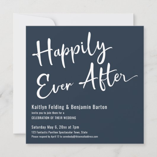 Glücklicherweise immer nach Weiß auf dunkelblauen Einladung (Vorderseite)