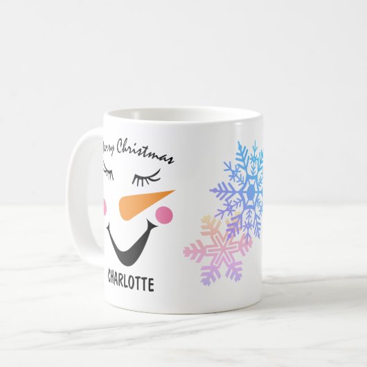 Glücklicherweise lächelnder Schneemann. Frohe Weih Kaffeetasse (Vorderseite Links)