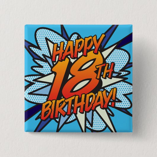 GLÜCKLICHES 18. BIRTHDAY Fun Retro Comic Book Button (Vorderseite)