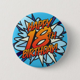 GLÜCKLICHES 18. BIRTHDAY Fun Retro Comic Book Button