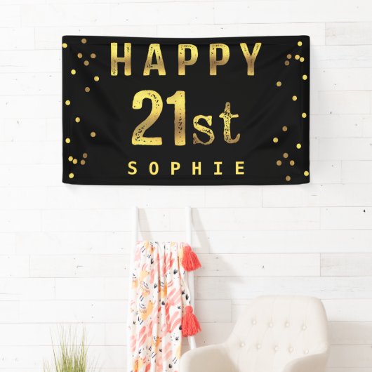 Glückliches 21. Imitat-Goldfolieconfetti-Schwarzes Banner (Insitu)
