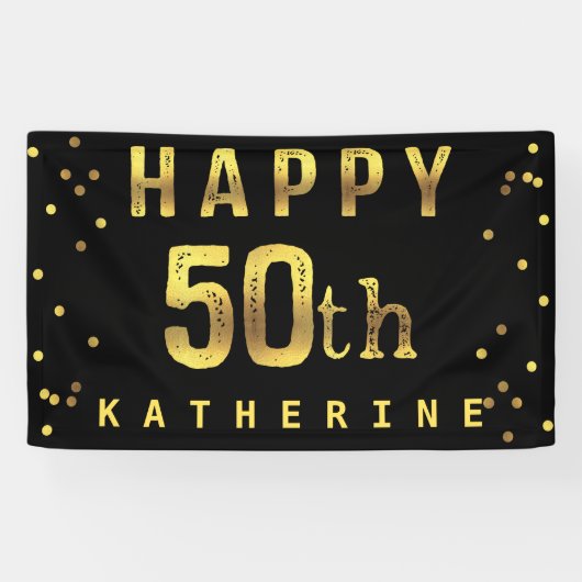 Glückliches 50. Imitat-Goldfolieconfetti-Schwarzes Banner (Horizontal)