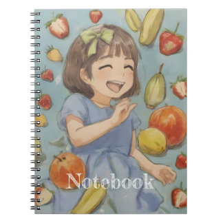 Glückliches Anime-Mädchen mit Obst Notizblock