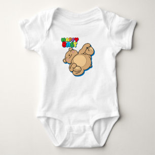 Glückliches Baby durch Yoga-Teddybären Strampler