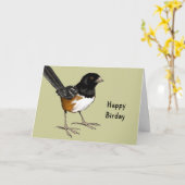 Glückliches Birday: Wortspiel, Vogel-Illustration: Karte (Gelbe Blume)