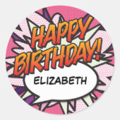 GLÜCKLICHES BIRTHDAY Fun Comic Buchen Rosa Runder Aufkleber (Vorderseite)