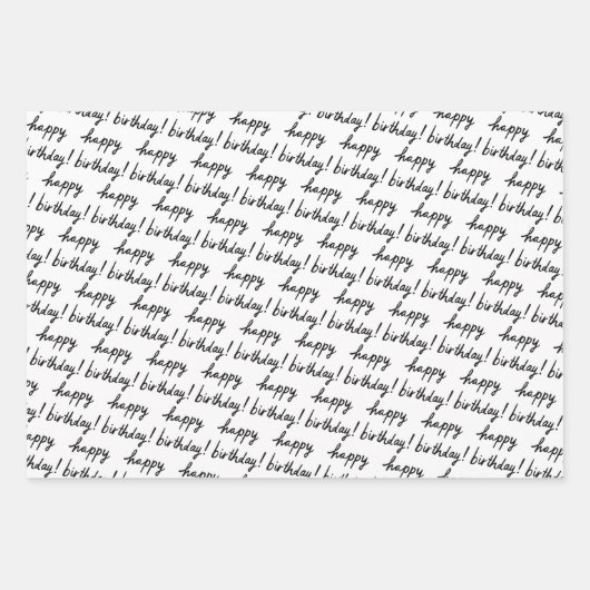 GLÜCKLICHES BIRTHDAY-Handschriftenmuster Schwarz-w Geschenkpapier Set (Vorderseite)