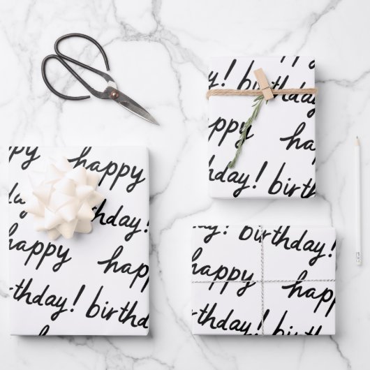 GLÜCKLICHES BIRTHDAY-Handschriftenmuster Schwarz-w Geschenkpapier Set (Vorderseite)