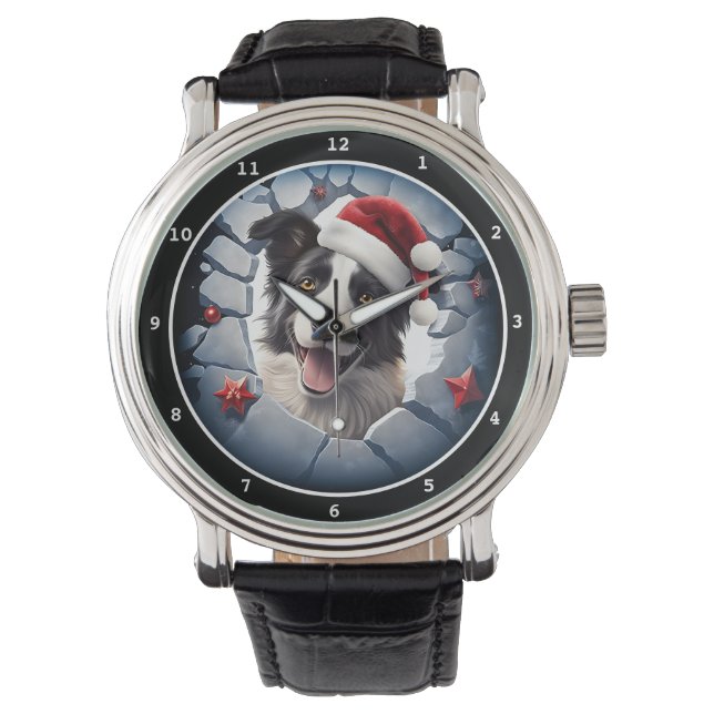 Glückliches Border Collie Weihnachtsbild Armbanduhr (Vorderseite)
