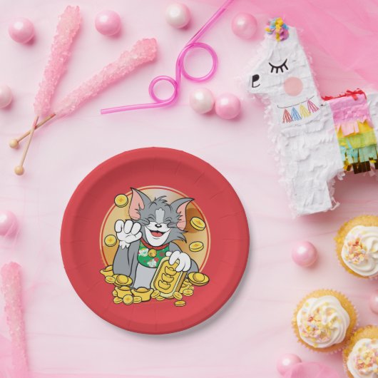 Glückliches Cat Jerry mit Gold Sycees Pappteller (Party)