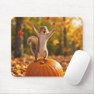 Glückliches Eichhörnchen wirft Herbstlaub in die L Mousepad