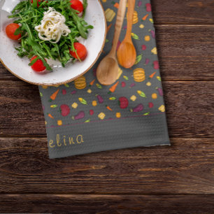 Glückliches Erntedanken Gemüsemuster grau Geschirrtuch