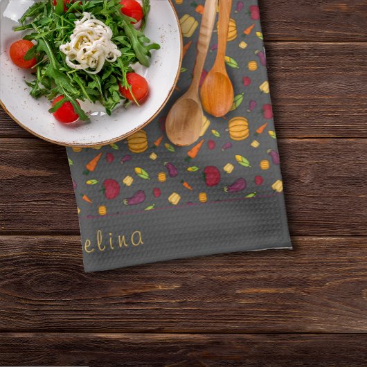 Glückliches Erntedanken Gemüsemuster grau Geschirrtuch