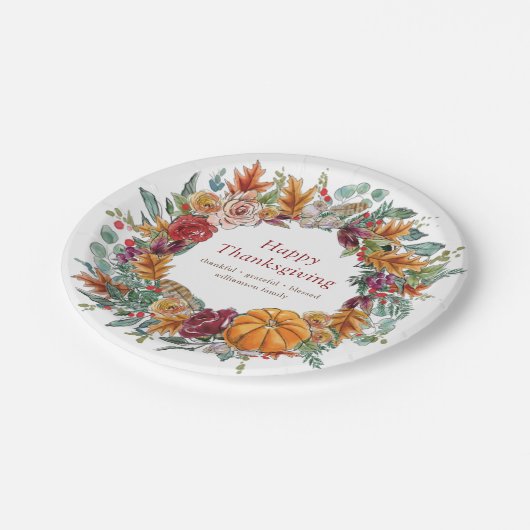 glückliches Erntedankland Rustic Pumpkin Wreath Pappteller (Schrägansicht)