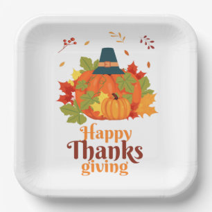 glückliches Erntedankpumpkin mit Hats und Blätter Pappteller