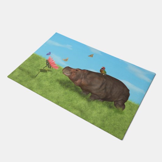 Glückliches Flusspferd, Blume, Schmetterlinge Fußmatte (Schrägansicht)