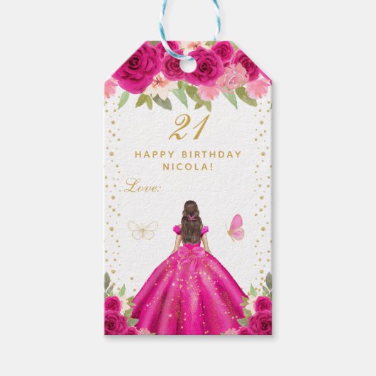 Glückliches Geburtstag Mädchen mit dunklen Haaren Geschenkanhänger (Vorderseite)
