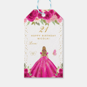 Glückliches Geburtstag Mädchen mit hellrosa floral Geschenkanhänger