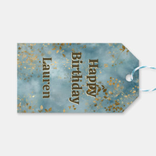 Glückliches Geburtstag mit goldenen Blättern auf T Geschenkanhänger