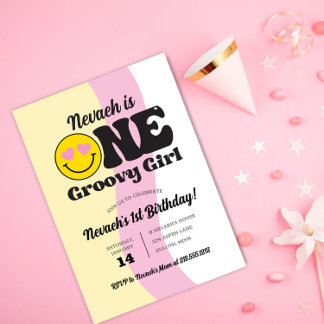 Glückliches Gesicht Eine Groovy-Girl 1. Geburtstag Einladung